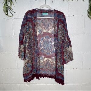 Filly Flair Multicolored Paisley Print Bell Sleeve Open Front Kimono Size S/M